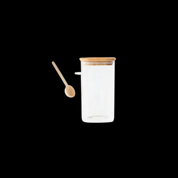 PEBBLY Boite de Conservation Carrée en Verre et Bambou avec Cuillère Doseuse 1,4 L Sale