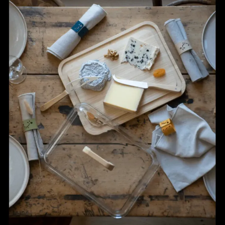 PEBBLY Boîte à Fromage avec Cloche en Verre et Plateau en Bambou 34 x 25 cm Outlet