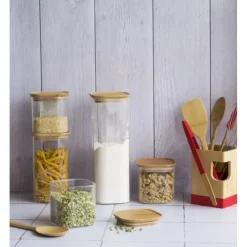 PEBBLY Boîte de Conservation en Verre et Bambou Carré 1,4 L New