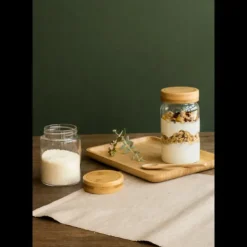 PEBBLY Boîte de Conservation en Verre et Bambou Rond 850 ml New