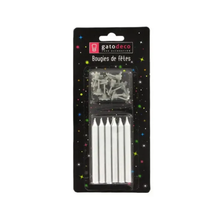 GATODECO Bougies Argentées (x12) avec bobèches Gatodéco