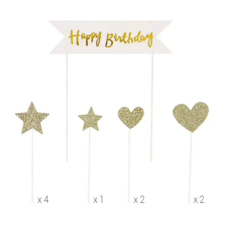 PATISDECOR Cake Topper Happy Birthday Cœurs et Étoiles Dorés (x10) Patisdécor Discount