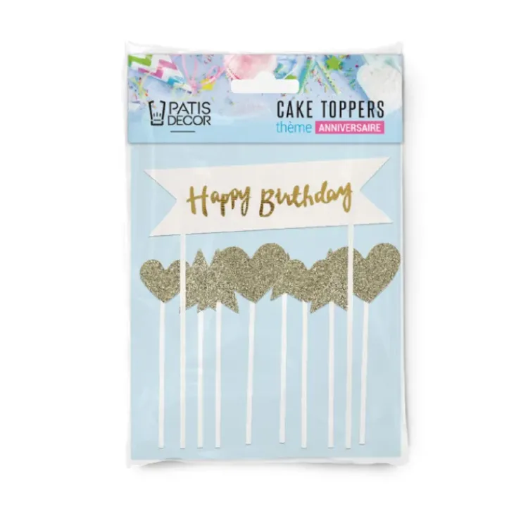 PATISDECOR Cake Topper Happy Birthday Cœurs et Étoiles Dorés (x10) Patisdécor Discount