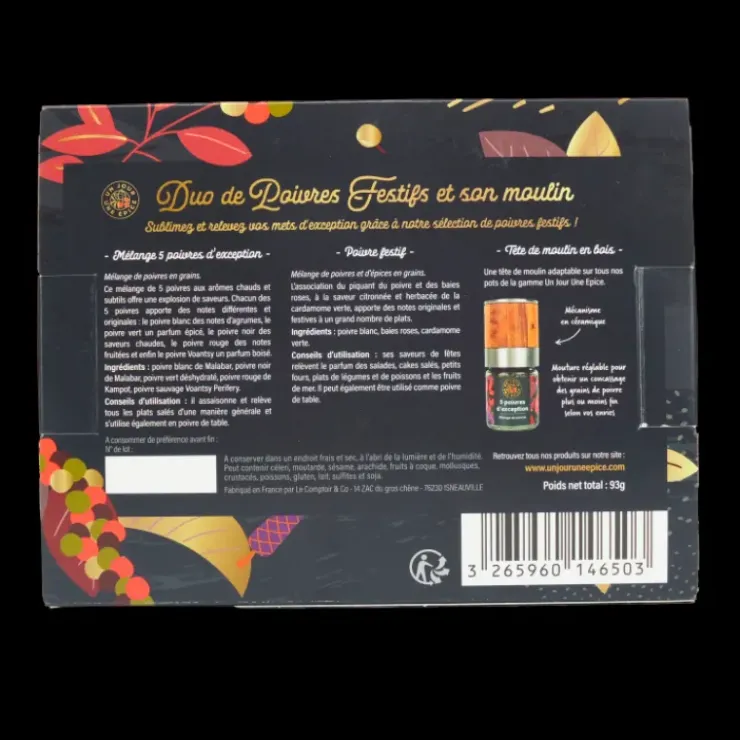 UN JOUR UNE EPICE Coffret Poivres Festifs avec Tête de Moulin Outlet