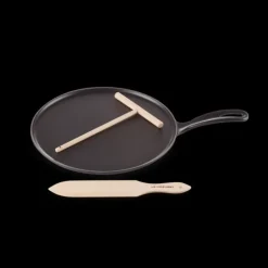 LE CREUSET Crêpière en Fonte 27 cm Noir Mat avec Spatule & Râteau New