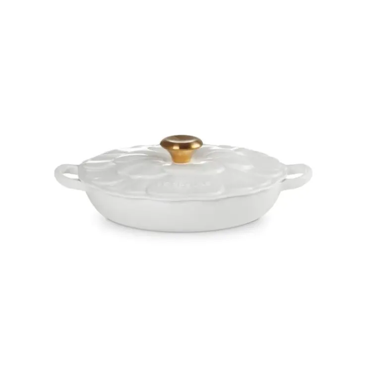 LE CREUSET Faitout Fonte Émaillée Pétales Blanc avec Bouton Doré 26 cm
