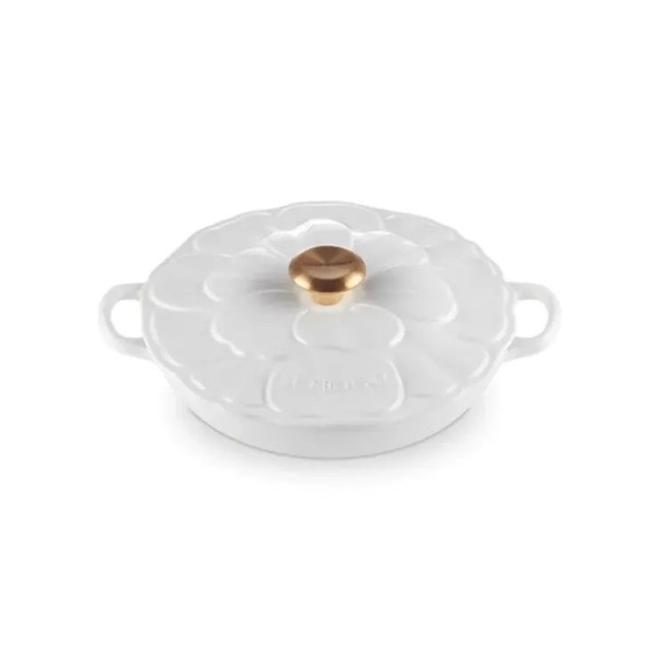 LE CREUSET Faitout Fonte Émaillée Pétales Blanc avec Bouton Doré 26 cm