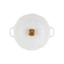 LE CREUSET Faitout Fonte Émaillée Pétales Blanc avec Bouton Doré 26 cm