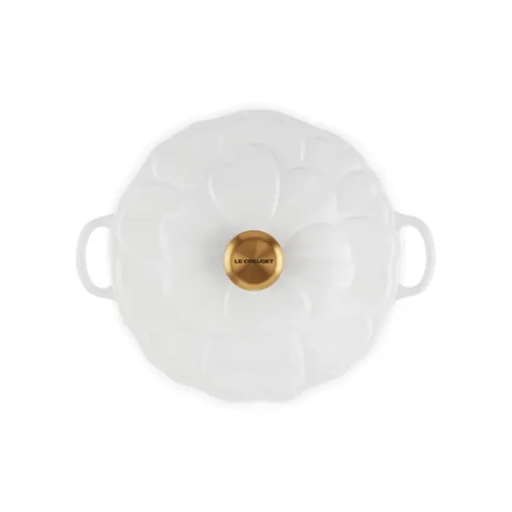 LE CREUSET Faitout Fonte Émaillée Pétales Blanc avec Bouton Doré 26 cm