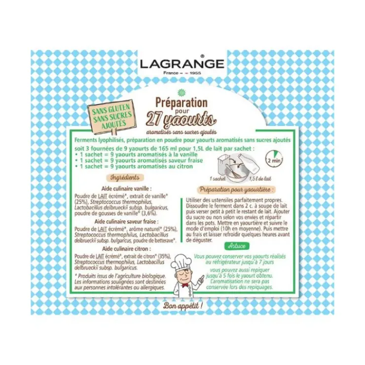 LAGRANGE Ferment Lactique Bio 3 Sachets 12g Vanille, Fraise et Citron Clearance