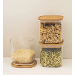 PEBBLY Lot 3 Boîtes de Conservation en Verre et Bambou Carré 800 ml Online