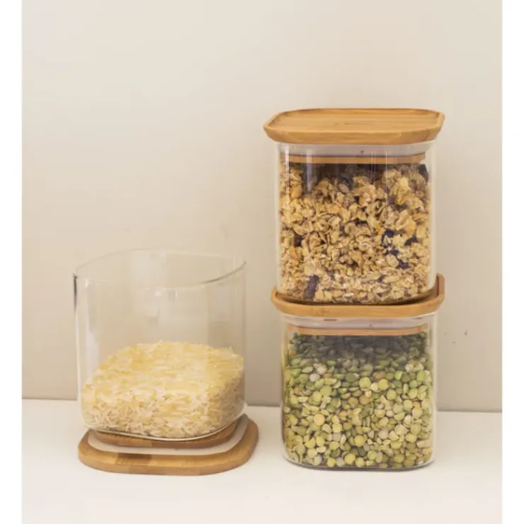 PEBBLY Lot 3 Boîtes de Conservation en Verre et Bambou Carré 800 ml Online