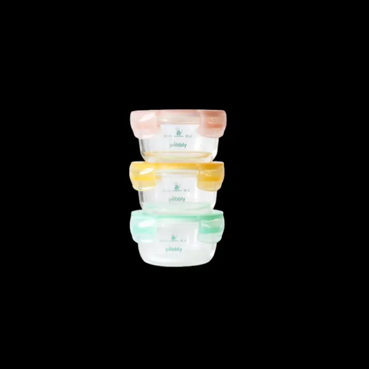 PEBBLY Lot 3 Boîtes de Conservation Rondes pour Bébé en Verre Graduées 240 ml Clearance