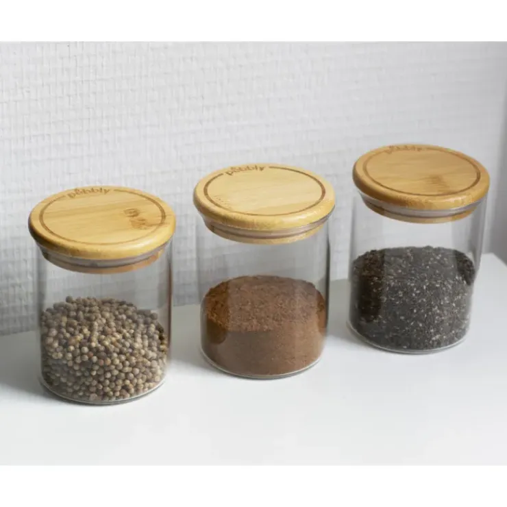 PEBBLY Lot 3 Pots à Épices en Verre et Bambou 190 ml Discount