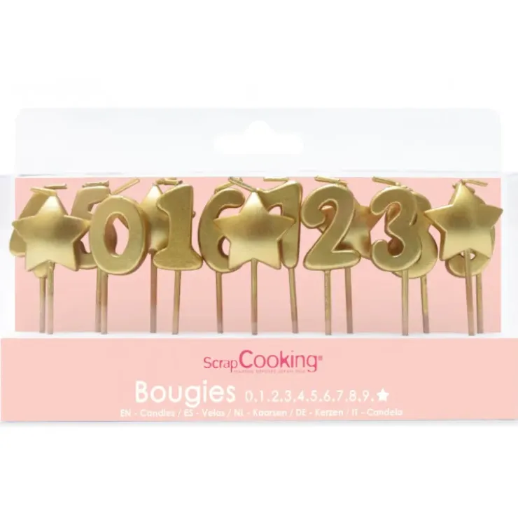 SCRAPCOOKING Lot de bougies dorées 0 à 9 + 5 étoiles New