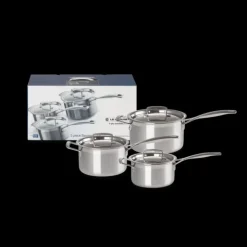 LE CREUSET Set 3 Pièces Casseroles Inox avec Couvercle New