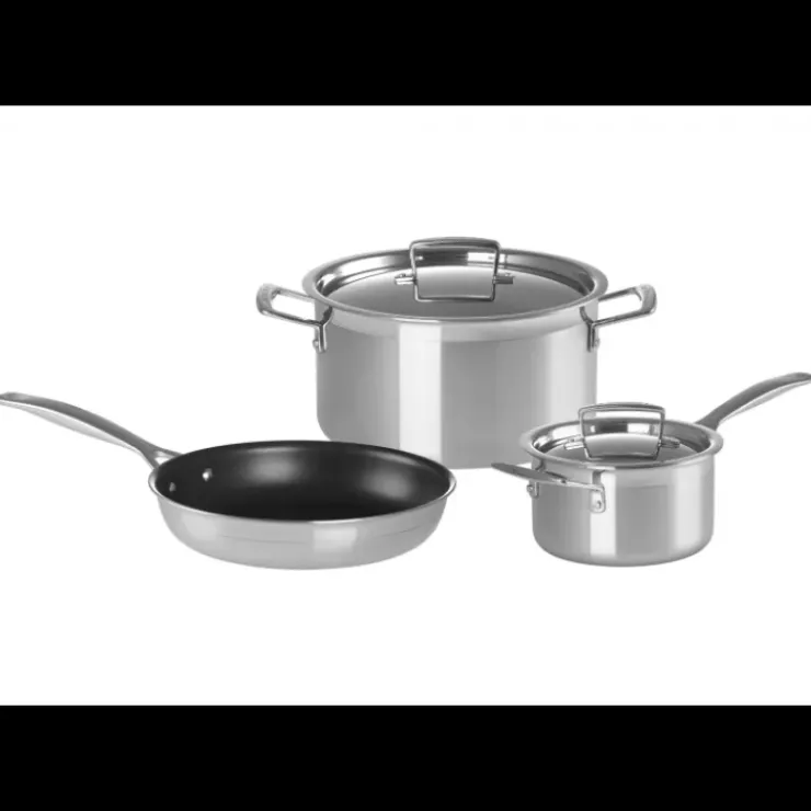 LE CREUSET Set 3 Pièces Faitout, Poêle et Casserole avec Couvercle Inox Sale
