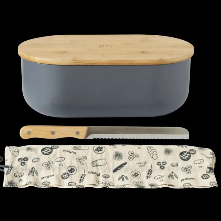 PEBBLY Set Boîte à Pain Ardoise Métal et Bambou 4 Pièces Discount